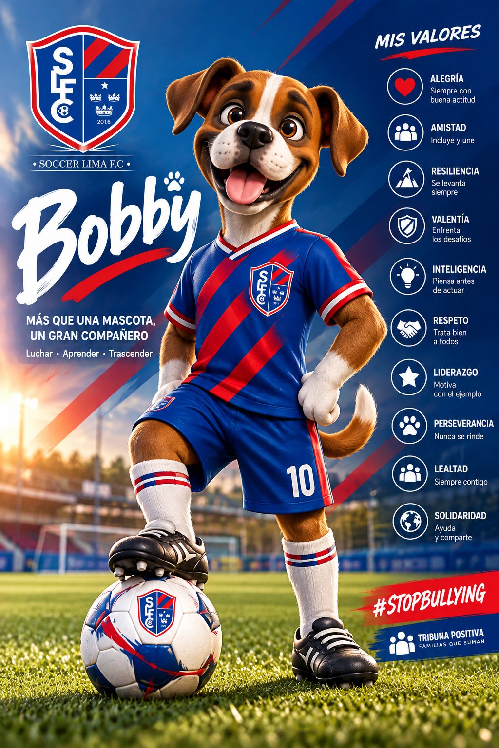 Bobby, la mascota de Soccer Lima FC, con la camiseta azul y roja y una pelota